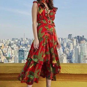 FARM Rio Red Forest Birds Belted Midi-Dress